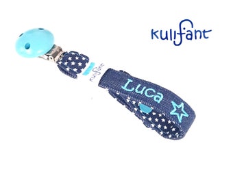 Jeans Denim Schnullerband Schnullerhalter petrol türkis present personalisiert mit Namen bestickt Geschenkidee Baby andere Farben Diddibsnd