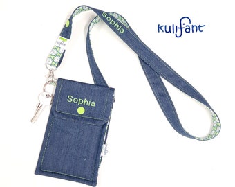 Denim mobile phone bag and denim lanyard children's bag with name shoulder bag personalized many sizes removable strap lanyard