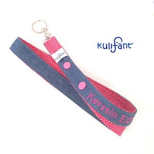 Cordon en jean cool avec nom NOUVELLES COULEURS personnalisé / longueur personnalisée possible / différentes options de fermeture / cône d'école