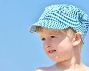 Striped denim summer hat, summer hat, peaked cap "MICHEL Fiete Nordsee" / anchor, grows with the child, children's summer hat