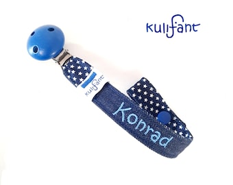 Jeans Denim Schnullerband  *Ministerne* biodenim blau skyblue  mit Namen Name bestickt Geburtsgeschenk Junge Mädchen Diddiband Schnuller