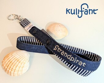 Denim Schlüsselband mit Name Namen /gestreift personalisiert/ BIODENIMBLUE Jeans Denimband Geschenk für Erwachsene praktisches Mitbringsel