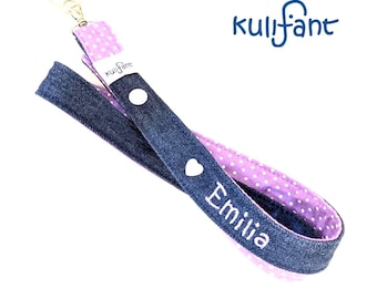 cooles Denim Schlüsselband mit Name Namen / PUNKTE personalisiert / Wunschlänge/ unterschiedliche Verschlußmöglichkeiten/ lanyard beere