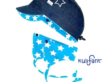 Denimmütze MICHEL Schirmmütze + loop Kindermütze Jeansmütze Schirmmütze toddler denimcap abnehmbarer Ohrenschutz Stern türkis pink bestickt