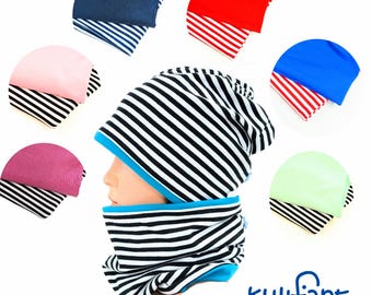 Set Jersey Beanie Mütze loop Schal  Jerseymütze Streifen schwarz weiß black white iTrendfarben Baumwolljersey ökotex