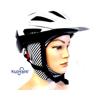 May include: A white and black bicycle helmet worn over a black and white striped fabric head covering. The helmet features a visor and ventilation slots. The text Kulifant is printed in blue on the lower left side of the image.
