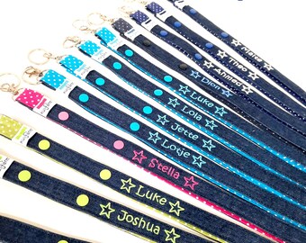 Denim lanyard with name personalized for groups school kindergarten different closure options group gift classes