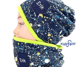 Set Beanie Mütze & Loop Jerseymütze Klecksmuster blau grün mit Namen personalisiert Geschenk für Kinder Schlauchschal und Beaniemütze