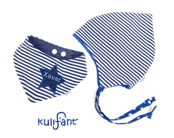 Set Babymütze und Babytuch Dreieckstuch Namen Streifen blau mit Namen Geburtsgeschenk Babyparty Babygeschenk