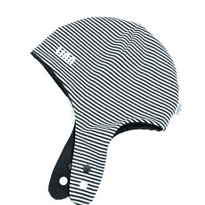 May include: A black and white striped hat with ear flaps, featuring a solid black interior lining and two black snap buttons on the flaps. The exterior fabric displays a repeating thin horizontal stripe pattern and includes the white text HAA.