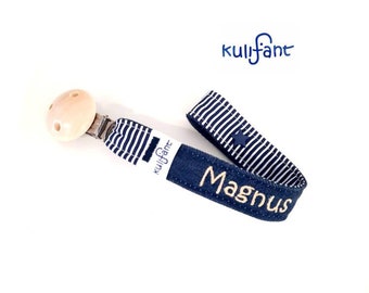 Jeans Denim Schnullerband  *natur marine weiss*,  mit Name  mit Namen bestickt maritim Geschenk zur Geburt Babygeschenk für Jungen