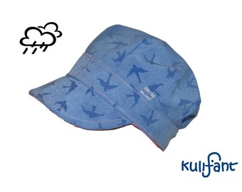 Regenmütze Kindermütze Winter Softshell LOUISA *MAGIC BIRDS* Schwalben wasserabweisend beschichtet Regen mitwachsend wird sichtbar bei Regen