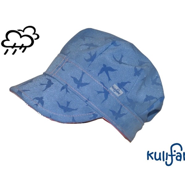 Regenmütze Kindermütze Winter Softshell LOUISA *MAGIC BIRDS* Schwalben wasserabweisend beschichtet Regen mitwachsend wird sichtbar bei Regen