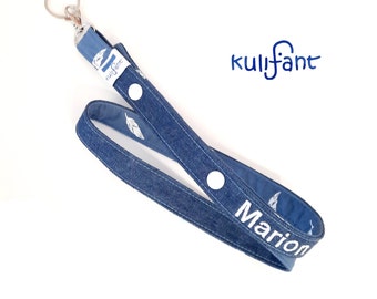Denim lanyard chip holder with name delicate colors feathers personalized with push button child-safe to open completely sage blue