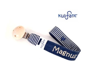 Denim pacifier clip *natural navy white*, embroidered with name, nautical, gift for newborn, baby gift, unisex, blue pacifier