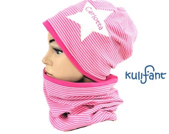Set Beanie & Loop Schlauchschal DENIM Stern Streifen Jersey Kindermütze  mit Name Namen Mützenset Teenager unisex Mützenset Übergangsmütze