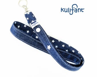 cooles schlichtes Denim Schlüsselband STARS STERNE  bluedenim biodenim skyblue Wunschlänge möglich/ viele Farben tolles Geschenk für Kinder