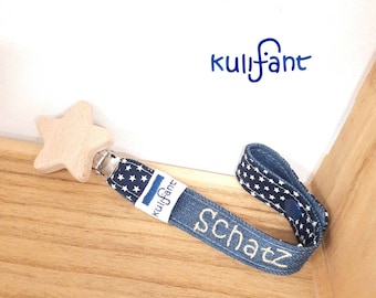 Jeans Denim Schnullerband  STERNCLIP *natur marine weiss* HOLZ  mit Name  mit Namen bestickt maritim Geschenk Geburt Babygeschenk für Jungen