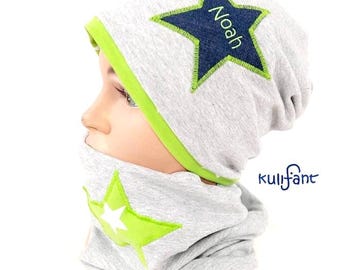 Set Beanie & Loop DENIM *Stern*, mit Name Jersey Kindermütze und Schal  grellgrün türkis pink Geschenk für Kinder