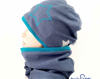 Beanie Loop Set KIDS Mützenset Baumwolljersey Denimoptik Winterfarben Stern bestickt Jeansoptik Schlauchschal Mütze Reflektor blau petrol