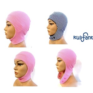 May include: A collection of balaclava-style hats featuring horizontal stripes in pink and white or navy blue and white. Each hat includes a chin strap with a snap button closure. The brand name Kulifant is displayed in blue text on the right side.