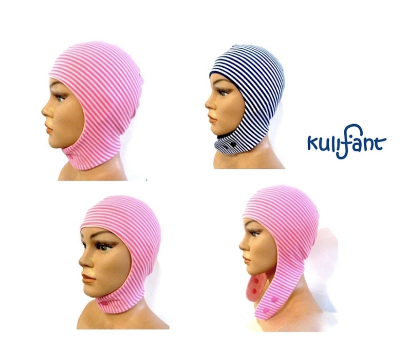 May include: A collection of balaclava-style hats featuring horizontal stripes in pink and white or navy blue and white. Each hat includes a chin strap with a snap button closure. The brand name Kulifant is displayed in blue text on the right side.