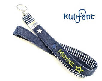 Denim Schlüsselband personalisiert Schultüte Kindergarten Schule maritim blau Namen Name neongelb Stickfarbe wählbar Adventskalender cool
