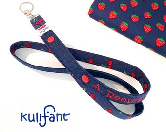 cool denim lanyard with name / personalized/ cherries/strawberries/ rockabilly /different closure options/