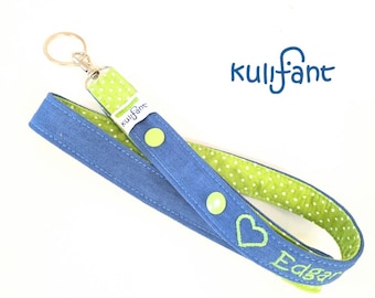 cooles Denim Schlüsselband mit Name Namen / PUNKTE personalisiert / Wunschlänge/ Verschluß variabel/kindersicher NEU in biodenim OCEANBLUE