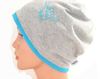 Beanie Jerseymütze mit Stickerei *hang loose* türkis grau coole Jungs für Surfer Wellenreiten Surferbeanie dünne Jerseymütze Kindermütze