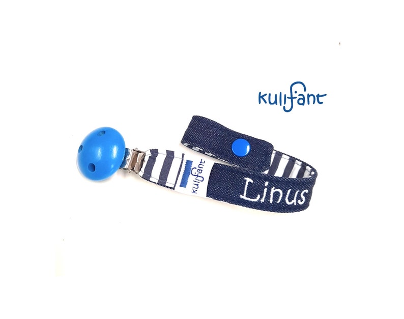 Jeans DENIM Schnullerband authenticblue *mit Name* marine Streifen blau wei\u00df grau wei\u00df mit Namen bestickt Babygeschenk Geburtsgeschenk