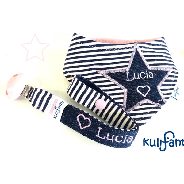 Babygeschenk Set Schnullerband & Tuch *Steifen Herz Geschenk* Name /praktisch