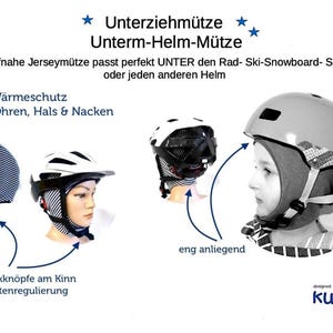 May include: A blue and white striped jersey cap designed to be worn under a helmet. The cap features two snap buttons at the chin for adjustment, providing coverage for the forehead, ears, and neck. The text includes Unterziehm&uuml;tze.