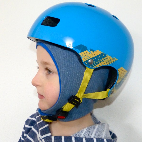 Unterziehmütze, Unterhelmmütze, Jerseymütze kopfnah Kinder für Rad/Ski/Snowboard/Skaten/Reiten/Fahrradhelm toddler Baumwolljersey Jeansoptik