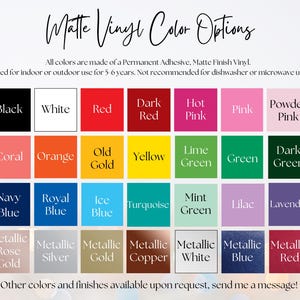 Puede incluir: Una carta de colores que muestra las opciones de color de vinilo mate. La carta incluye una variedad de colores como negro, blanco, rojo, rosa, verde, azul y tonos met&aacute;licos. El texto en la parte superior dice "Opciones de color de vinilo mate."