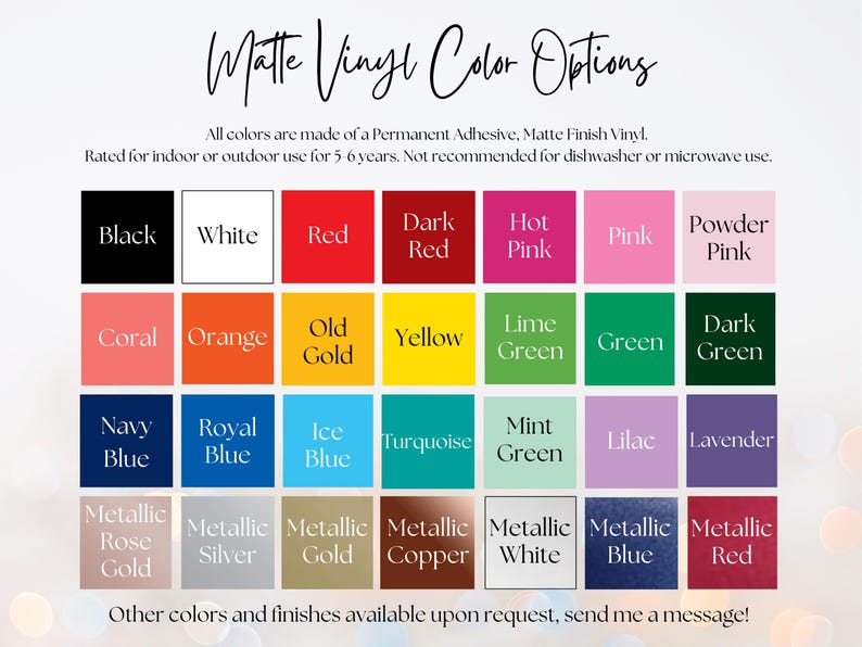 Puede incluir: Una carta de colores que muestra las opciones de color de vinilo mate. La carta incluye una variedad de colores como negro, blanco, rojo, rosa, verde, azul y tonos met&aacute;licos. El texto en la parte superior dice "Opciones de color de vinilo mate."