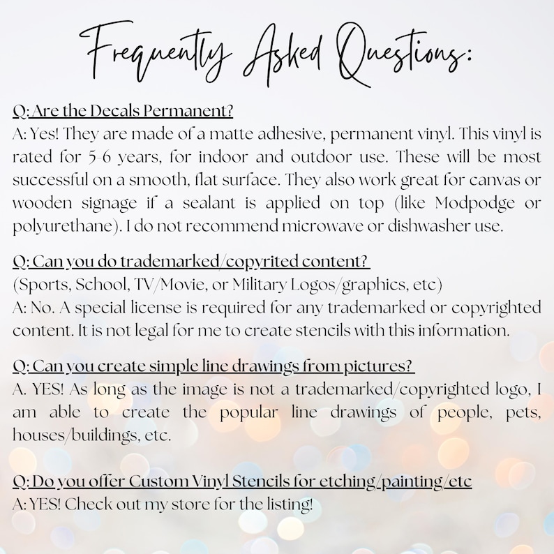 Puede incluir: Un fondo blanco con el texto "Frequently Asked Questions" en escritura elegante. La imagen enumera preguntas frecuentes sobre calcoman&iacute;as, incluida la permanencia, el contenido con derechos de autor y las opciones de plantillas personalizadas. El texto es negro.