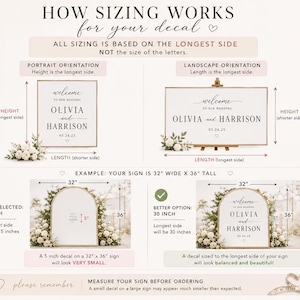 Puede incluir: Un diagrama que explica el dimensionamiento de calcoman&iacute;as para bodas. Muestra orientaciones verticales y horizontales, con ejemplos de tama&ntilde;os de letreros y calcoman&iacute;as. El texto incluye "welcome" y los nombres "Olivia y Harrison" con una fecha. Las medidas est&aacute;n en pulgadas.