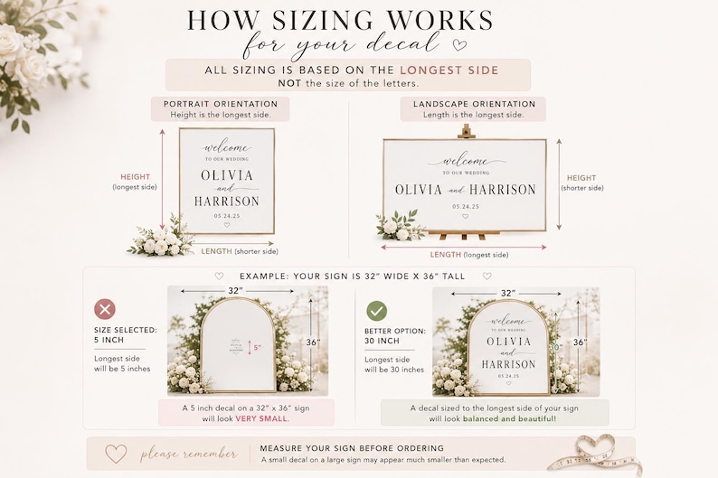 Puede incluir: Un diagrama que explica el dimensionamiento de calcoman&iacute;as para bodas. Muestra orientaciones verticales y horizontales, con ejemplos de tama&ntilde;os de letreros y calcoman&iacute;as. El texto incluye "welcome" y los nombres "Olivia y Harrison" con una fecha. Las medidas est&aacute;n en pulgadas.