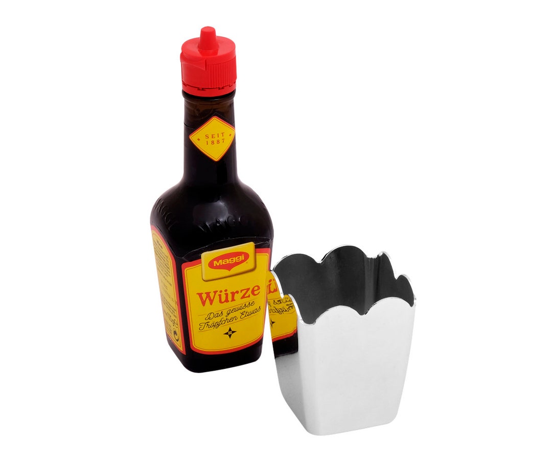 Design Maggi Würze Halter inkl Maggi Flasche 125 ml Maggi Etui versilbert MaggiWürze Behälter