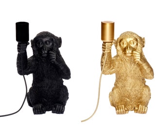 Design Tischlampe Äffchen für Glühbirne E14 E27  Tischleuchte Monkey Lampe sitzender Affe Dekofigur Leuchte Gold Schwarz in 3 Größen