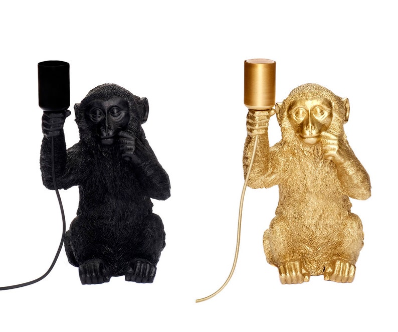 Design Tischlampe Äffchen für Glühbirne E14 E27 Tischleuchte Monkey Lampe sitzender Affe Dekofigur Leuchte Gold Schwarz in 3 Größen Bild 1