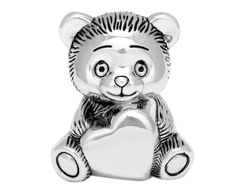 Kindersparbüchse Teddy Bär mit Herz versilbert Spardose anlaufgeschützt Sparschwein Bärchen Gelddose Silber Geschenkidee für Mädchen Gravur