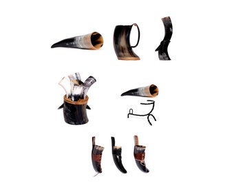 Set di corni per bere, corno di mucca autentico lucidato con supporto, recipiente per bere vichingo in corno con supporto in metallo, unica coppa vichinga medievale, coppa in corno