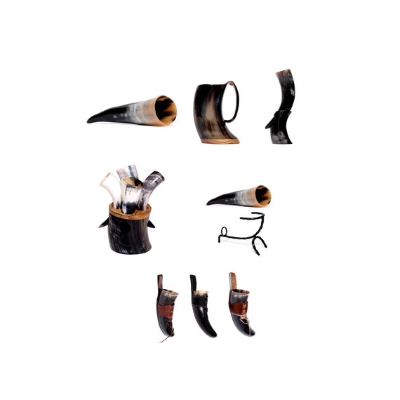 Trinkhorn Set Echtes Kuhhorn Poliert mit Halter Wikinger Trink-Gefäß aus Horn mit Metall-Ständer Unikat Mittelalter Viking Becher Hornbecher