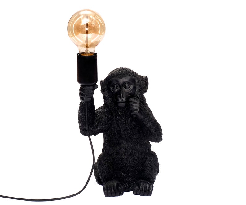 Design Tischlampe Äffchen für Glühbirne E14 E27 Tischleuchte Monkey Lampe sitzender Affe Dekofigur Leuchte Gold Schwarz in 3 Größen Bild 5