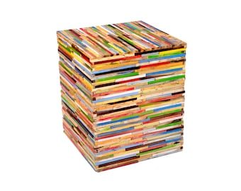Taburete de mesa auxiliar de diseño, taburete de madera mixta de colores, taburete con asiento para niños, taburete con forma de bloque de flores, mesa natural, mesa de flores, mesa de centro reciclada de madera real