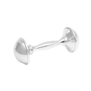 May include: A shiny, silver-colored dumbbell-shaped rattle. The rattle has a smooth, polished surface and a rounded handle connecting two larger, domed ends. The design is simple and elegant, suitable for a baby.