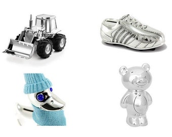 Spardose Sparschwein Silber Bagger Fußballschuh Ente Bär Trecker Mit Gravur Süße Sparbüchse für Kinder Geburtstag Baby Taufe Geburt Geschenk