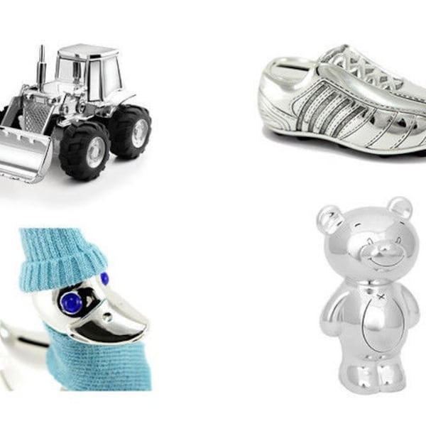 Money box piggy bank silver excavator football shoe duck bear tractor with engraving cute money box for children birthday baby baptism birth gift